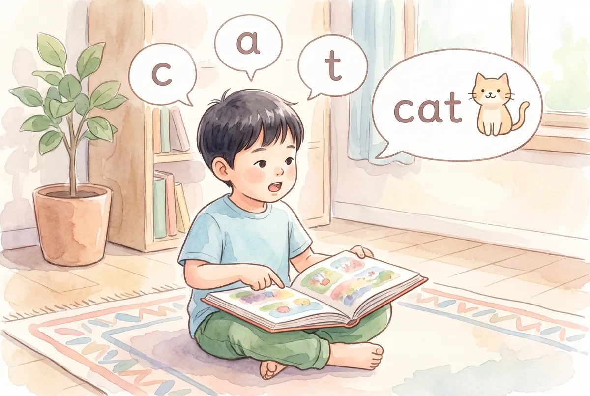 child learning to blend letter sounds c-a-t into the word cat