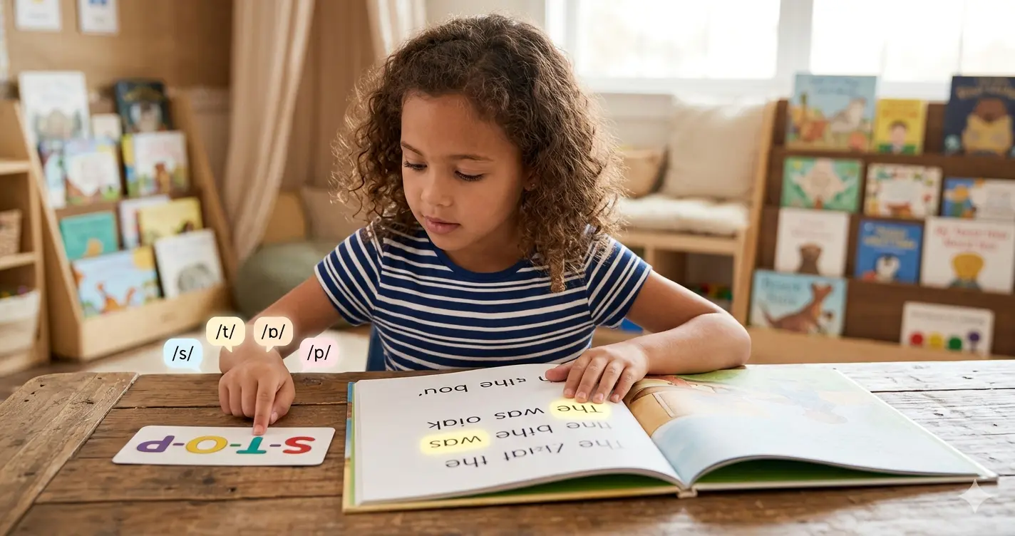  child reading a book using both phonics decoding and sight word recognition